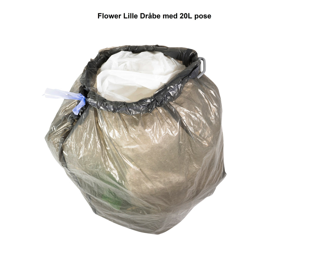 Flower Lille Dråbe affaldsstativ med stor 20 l pose på. Brug den til plastikaffald, så komprimerer du næsten plastik! Her til køkken affaldssorteringssystem 3 delt oval til 60 cm